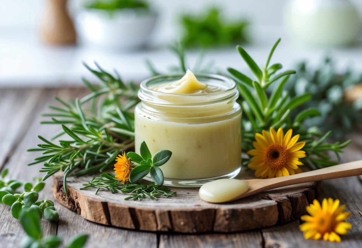 A jar of creamy herbal salve on a wooden surface surrounded by fresh green herbs and flowers with a wooden spatula nearby.