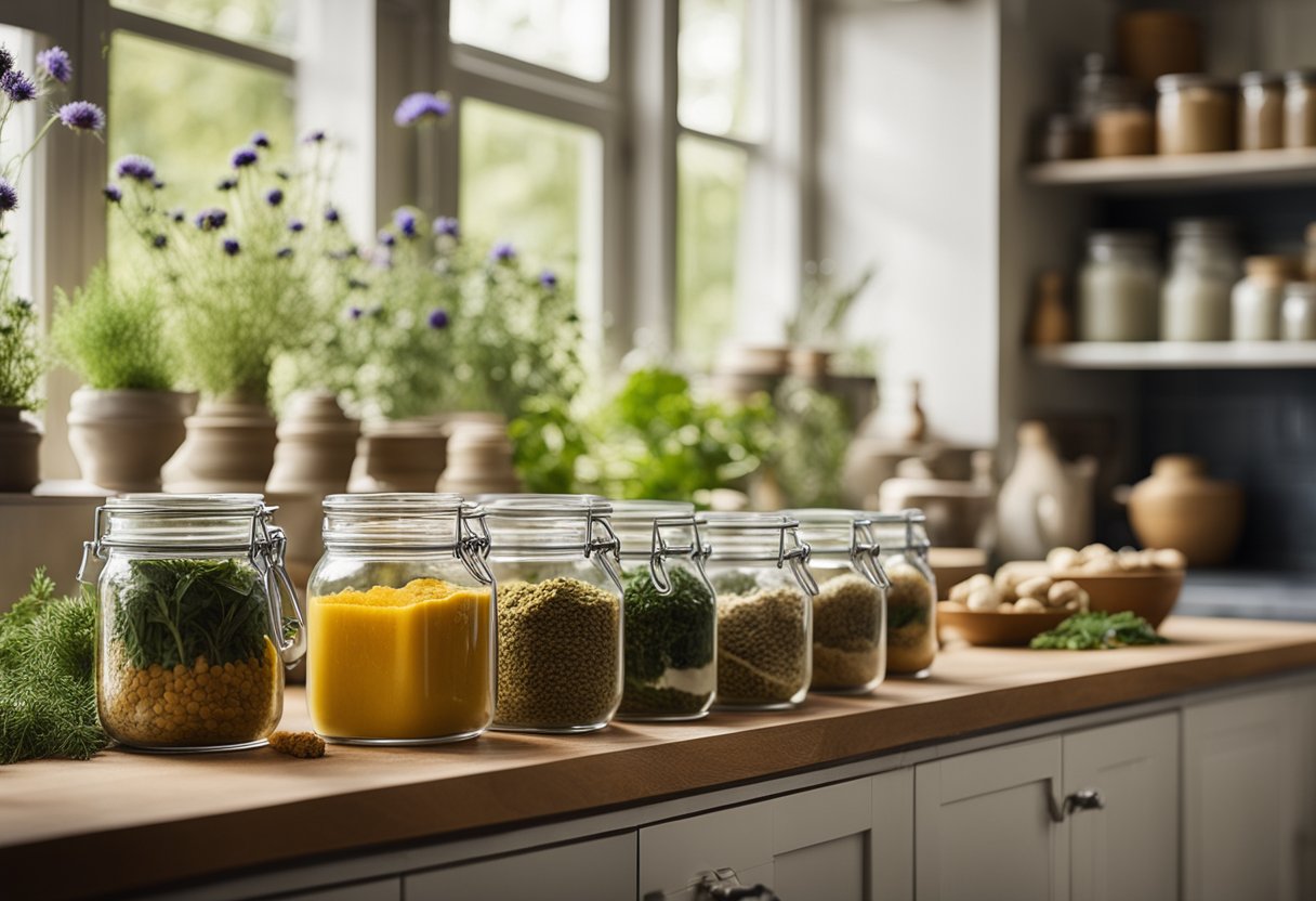 A serene, sunlit kitchen counter adorned with various herbs and natural supplements, including milk thistle, turmeric, dandelion, and ginger, arranged neatly in glass jars and bowls