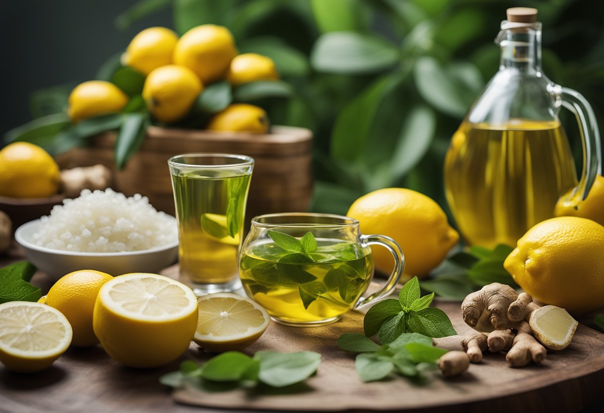 A table filled with natural ingredients like lemons, ginger, turmeric, and green tea, surrounded by bottles of herbal supplements and a pitcher of water