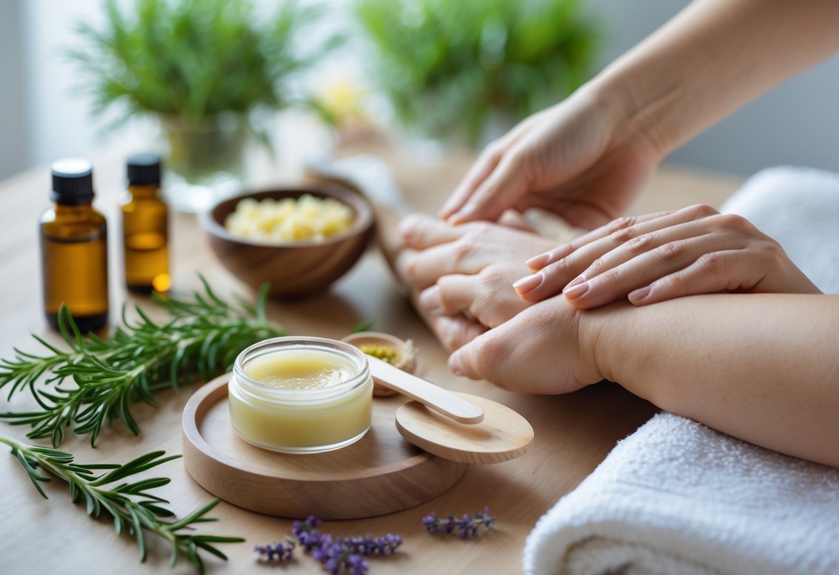 Hands massaging a person's forearm next to a jar of homemade salve and natural ingredients on a wooden table.